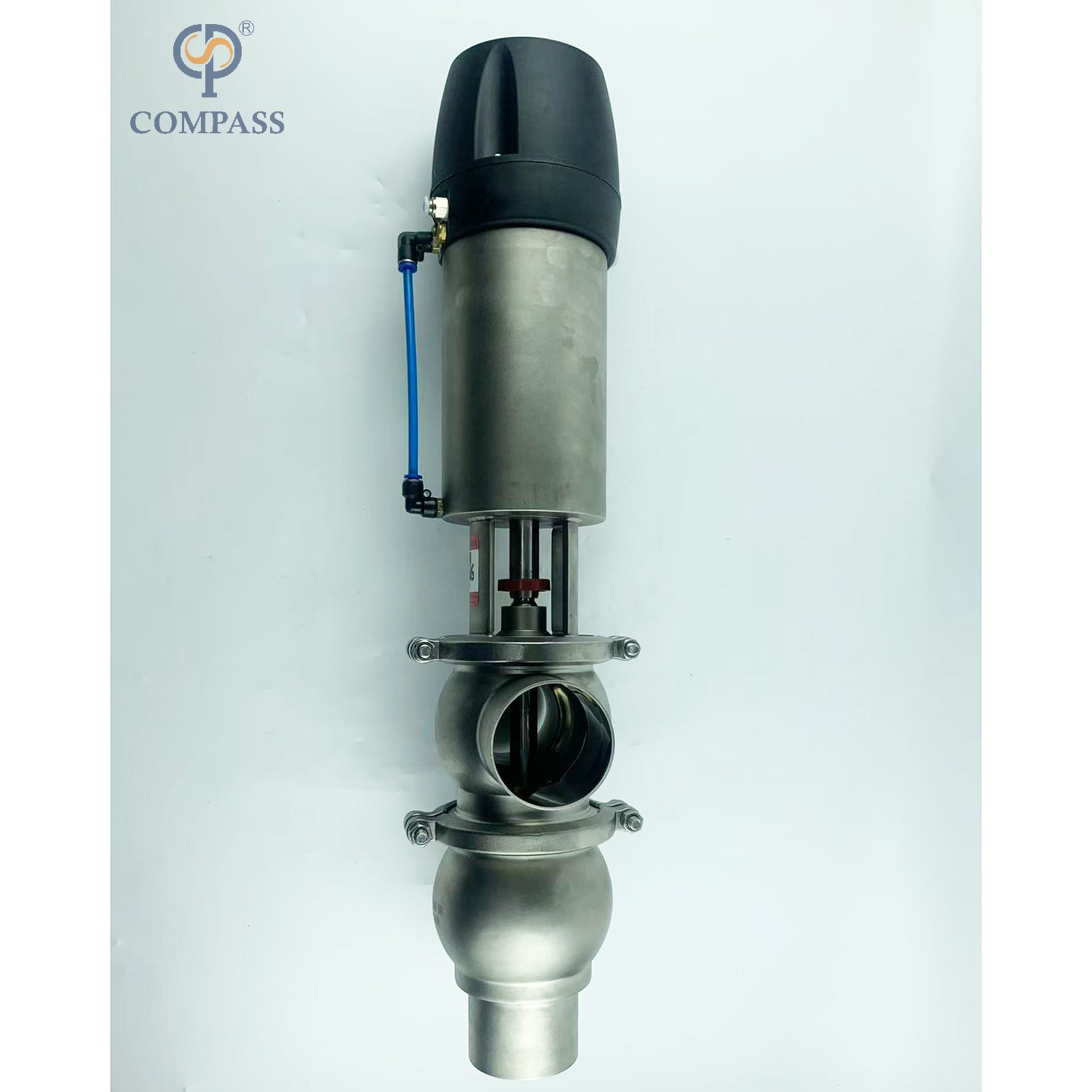 VÁLVULA DE DESVIO DE BRAÇADEIRA PNEUMÁTICA MODELO SS304 DIN 21 COM CABEÇA DE CONTROLE 24V