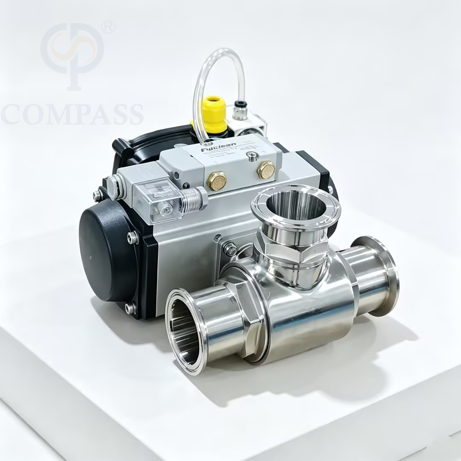 Válvula de esfera pneumática de três vias com três braçadeiras, 2 ''SS316L com válvula solenóide de 24 V e interruptor de limite e válvula redutora de pressão