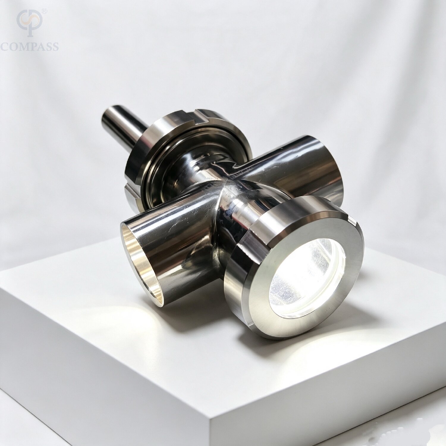 Vidro de vista transversal sanitário de qualidade alimentar DN50 SS304 Tipo União Solda Vidro de visão de quatro vias com luz para janela de observação de tubo