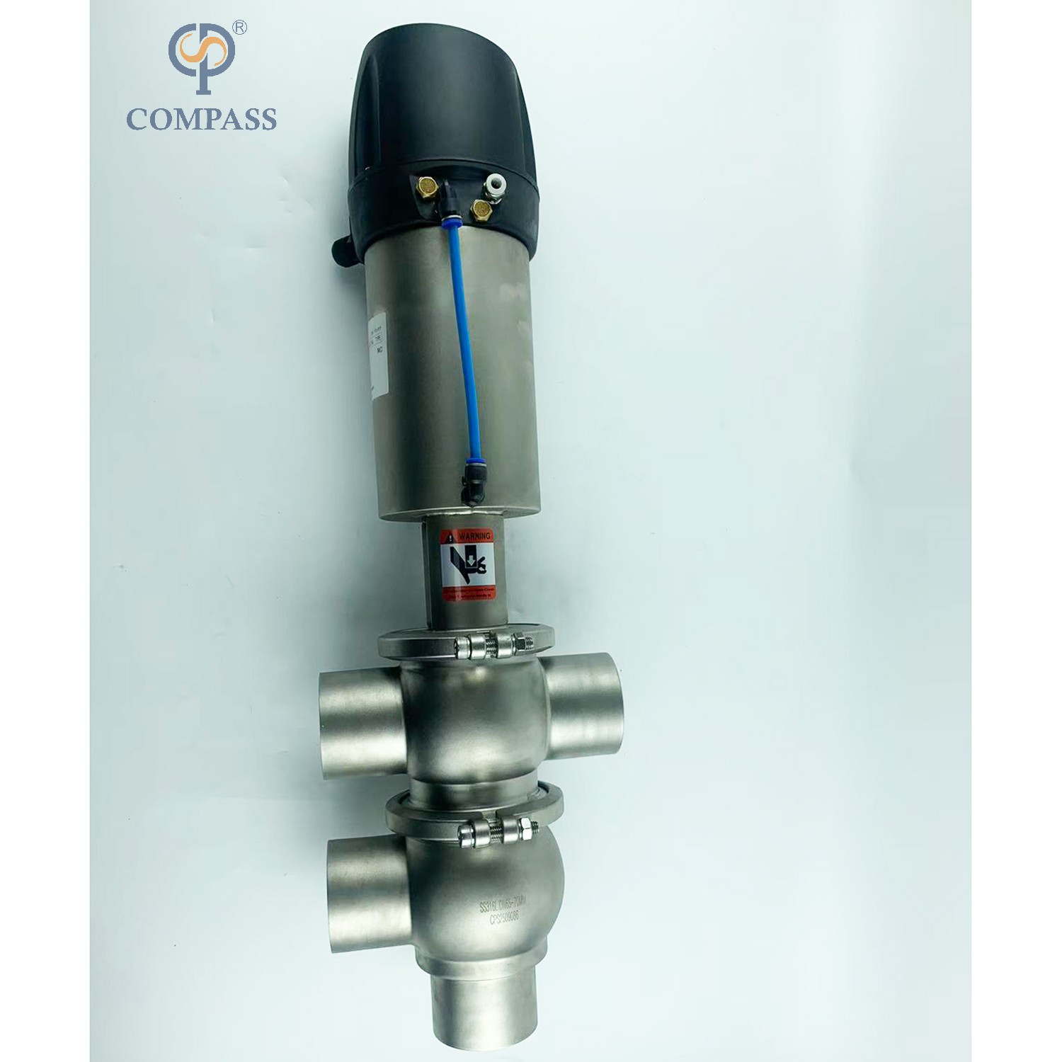 VÁLVULA DE DESVIO DE BRAÇADEIRA PNEUMÁTICA MODELO SS304 DIN 21 COM CABEÇA DE CONTROLE 24V