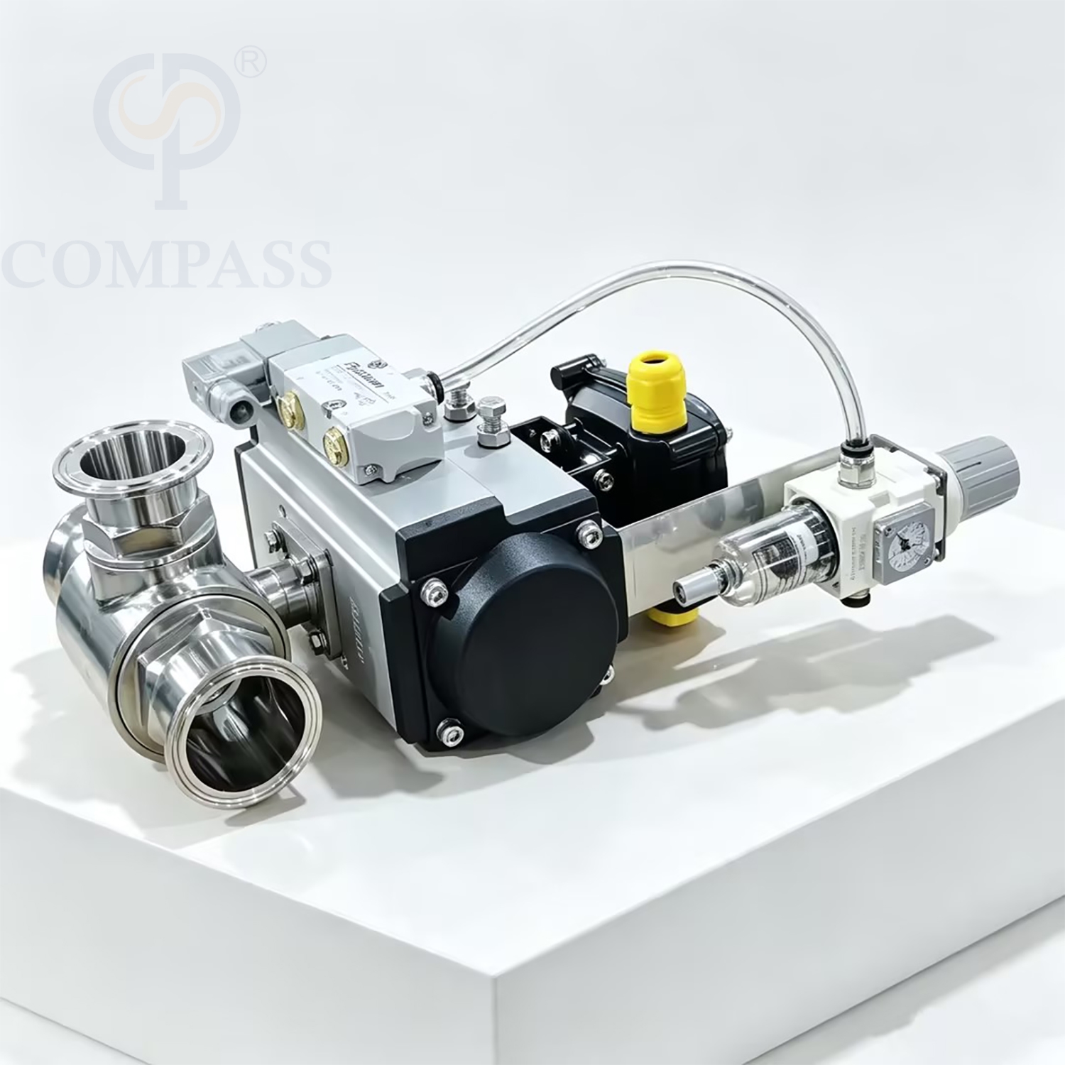 Válvula de esfera pneumática de três vias com três braçadeiras, 2 ''SS316L com válvula solenóide de 24 V e interruptor de limite e válvula redutora de pressão