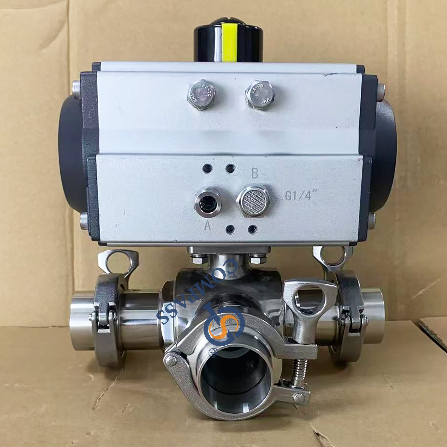 Válvula de esfera pneumática de 3 vias de dupla ação de 2 polegadas SS316L com extremidade ajustada de virola de braçadeira