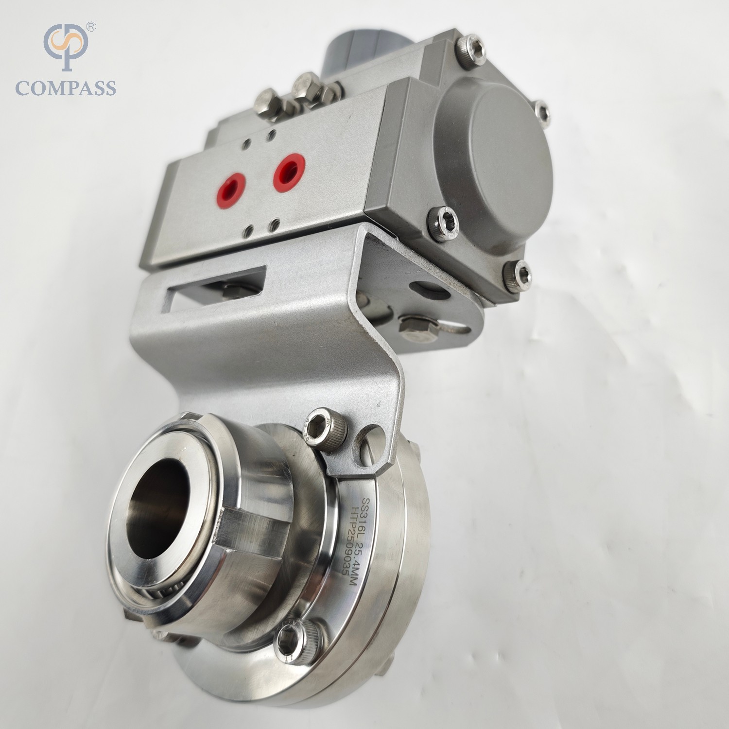 VÁLVULA BORBOLETA MACHO/FÊMEA PNEUMÁTICA SMS DE GRAU ALIMENTÍCIO SS316L COM ATUADOR PNEUMÁTICO