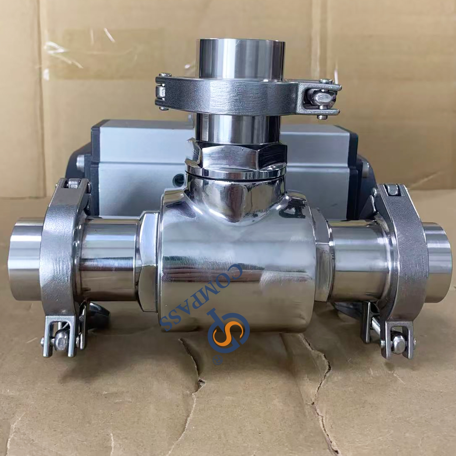 Válvula de esfera pneumática de 3 vias de dupla ação de 2 polegadas SS316L com extremidade ajustada de virola de braçadeira