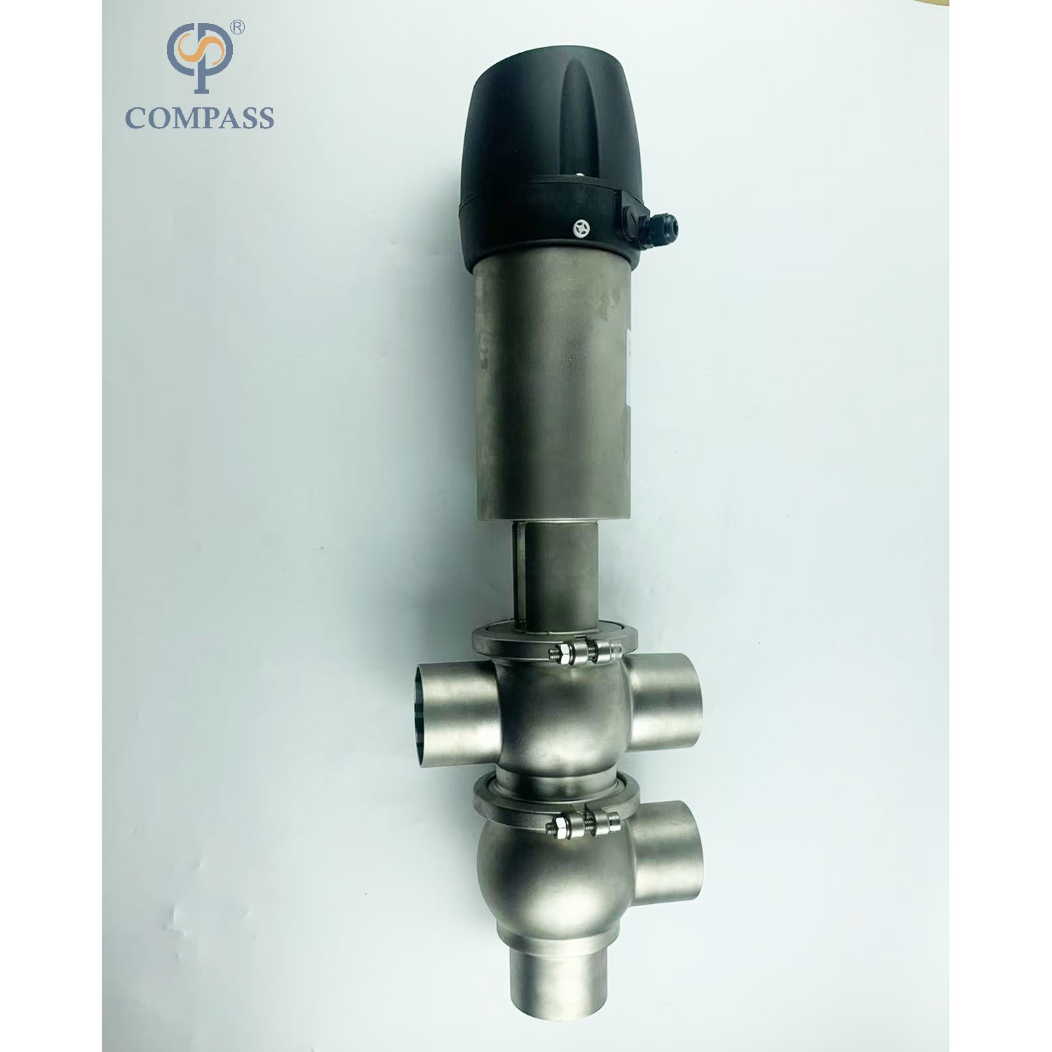 VÁLVULA DE DESVIO DE BRAÇADEIRA PNEUMÁTICA MODELO SS304 DIN 21 COM CABEÇA DE CONTROLE 24V