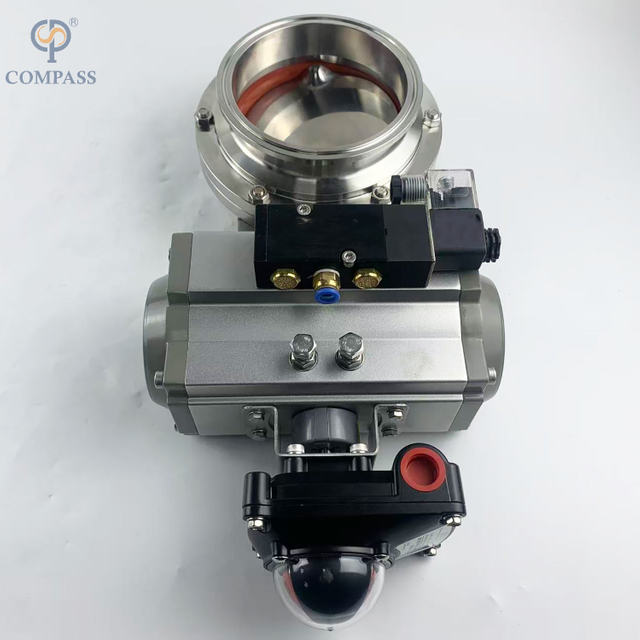 VÁLVULA BORBOLETA DE BRAÇADEIRA PNEUMÁTICA SMS COM ATUADOR PNEUMÁTICO E VÁLVULA SOLENÓIDE E INTERRUPTOR DE LIMITE