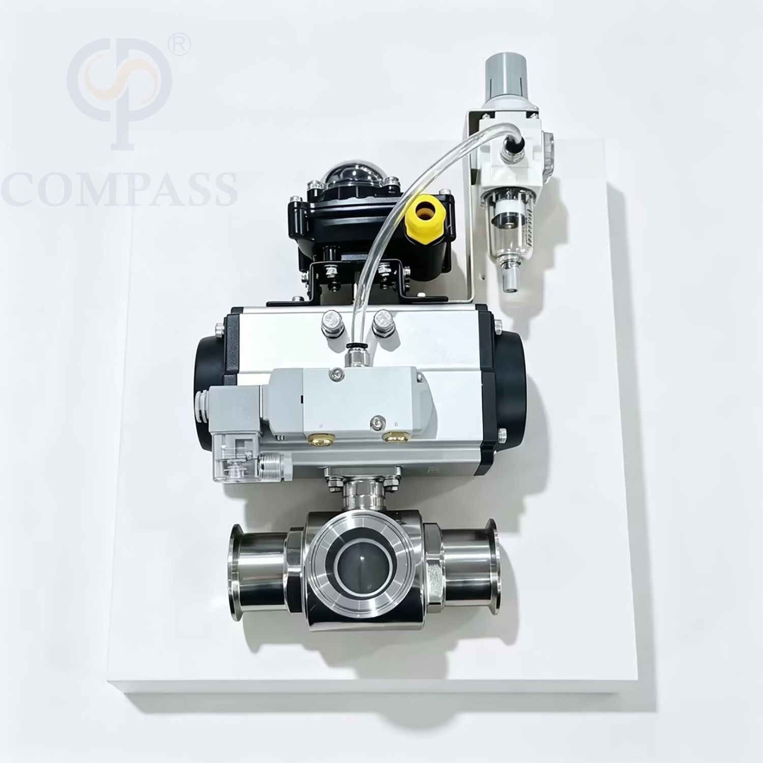 Válvula de esfera pneumática de três vias com três braçadeiras, 2 ''SS316L com válvula solenóide de 24 V e interruptor de limite e válvula redutora de pressão