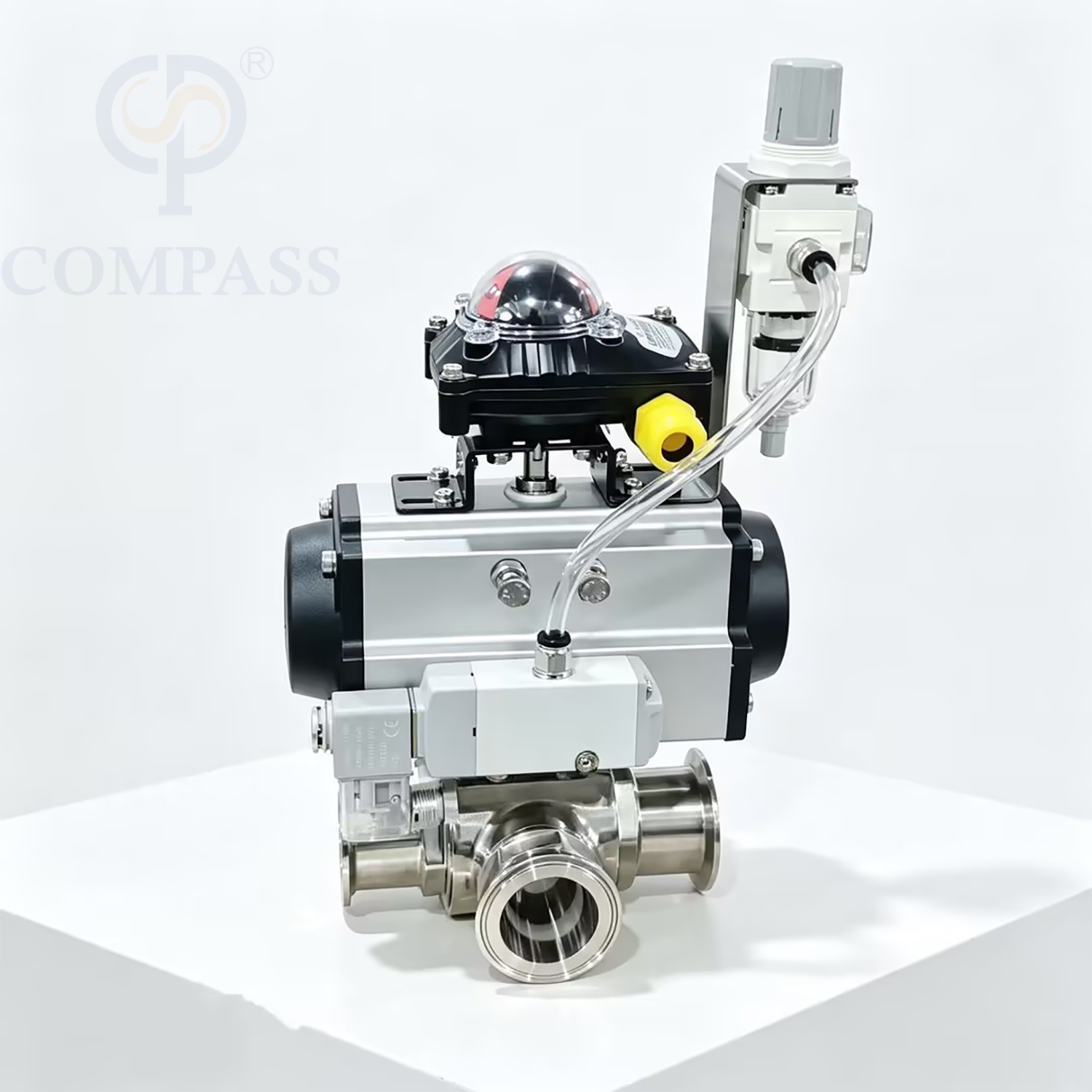 Válvula de esfera pneumática de três vias com três braçadeiras, 2 ''SS316L com válvula solenóide de 24 V e interruptor de limite e válvula redutora de pressão