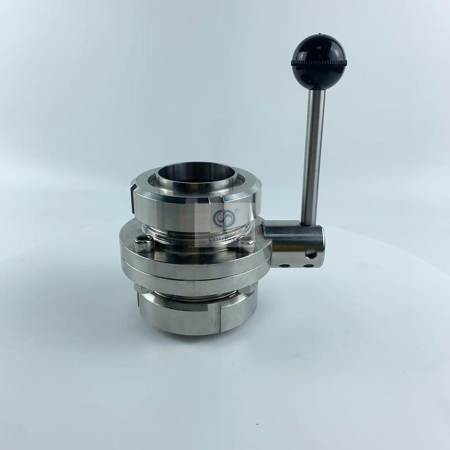 Válvula borboleta de extremidade de união sanitária SS316L de 4 polegadas com alça de tração