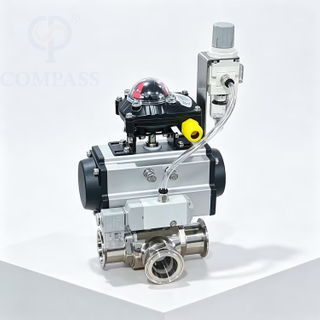 Válvula de esfera pneumática de três vias com três braçadeiras, 2 ''SS316L com válvula solenóide de 24 V e interruptor de limite e válvula redutora de pressão