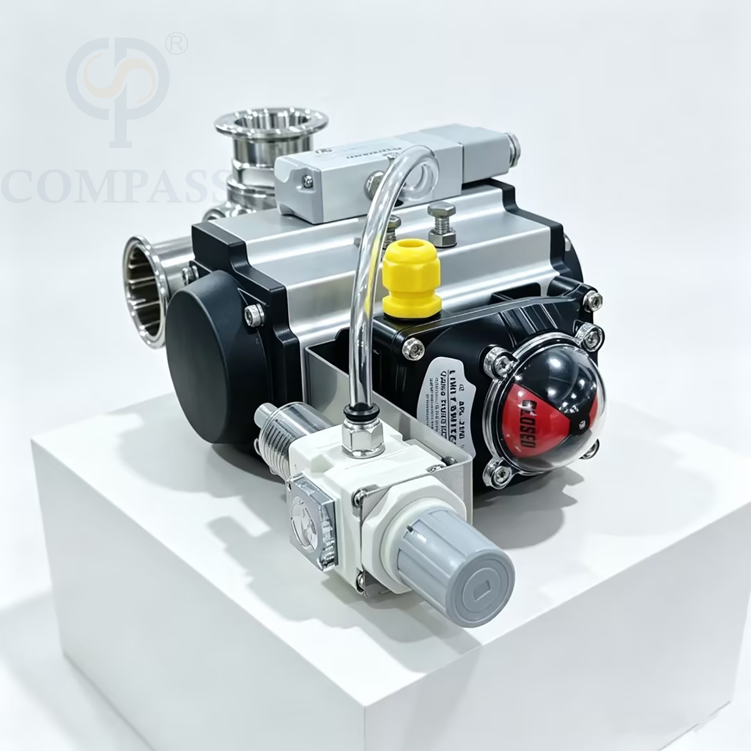 Válvula de esfera pneumática de três vias com três braçadeiras, 2 ''SS316L com válvula solenóide de 24 V e interruptor de limite e válvula redutora de pressão