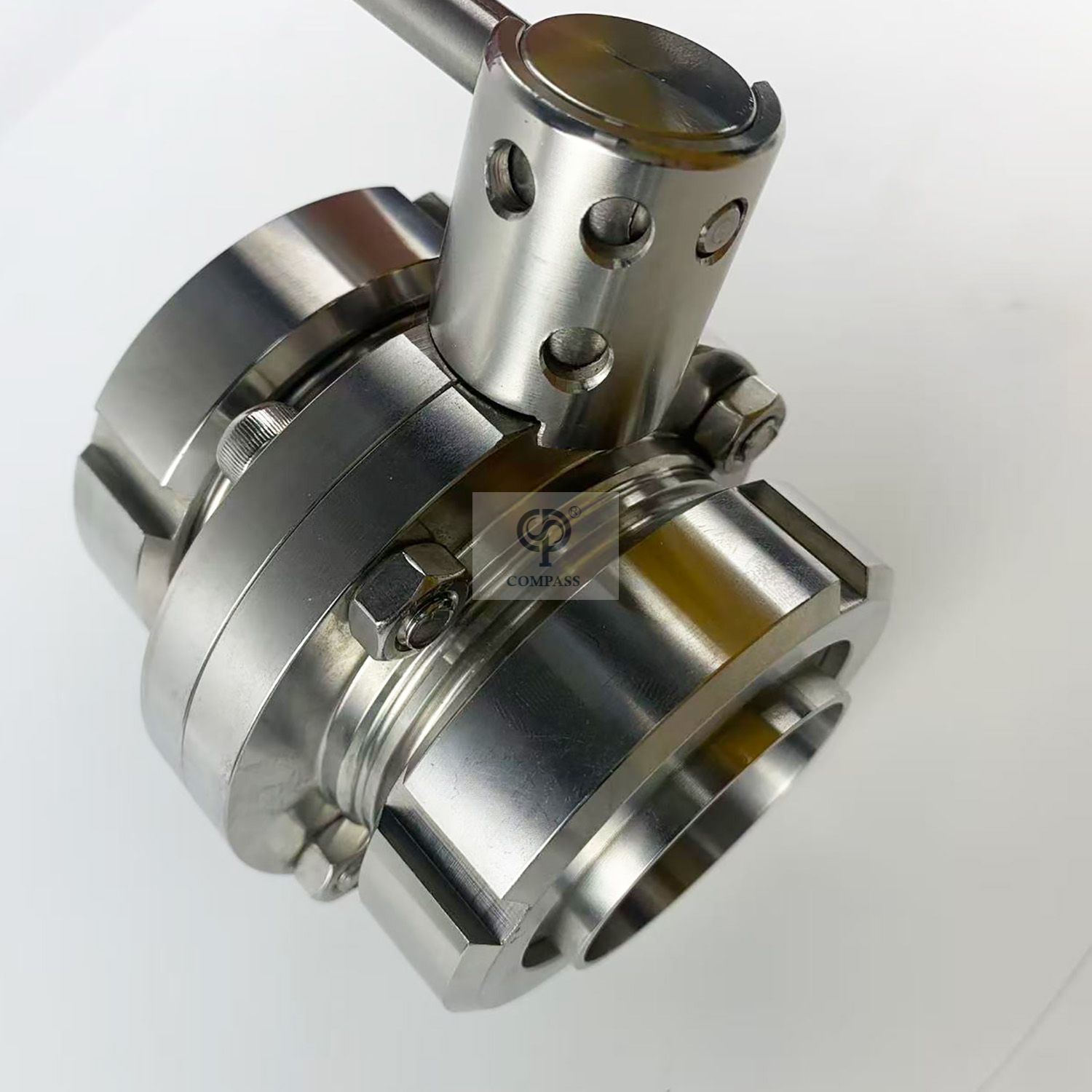 Válvula borboleta de extremidade de união sanitária SS316L de 4 polegadas com alça de tração