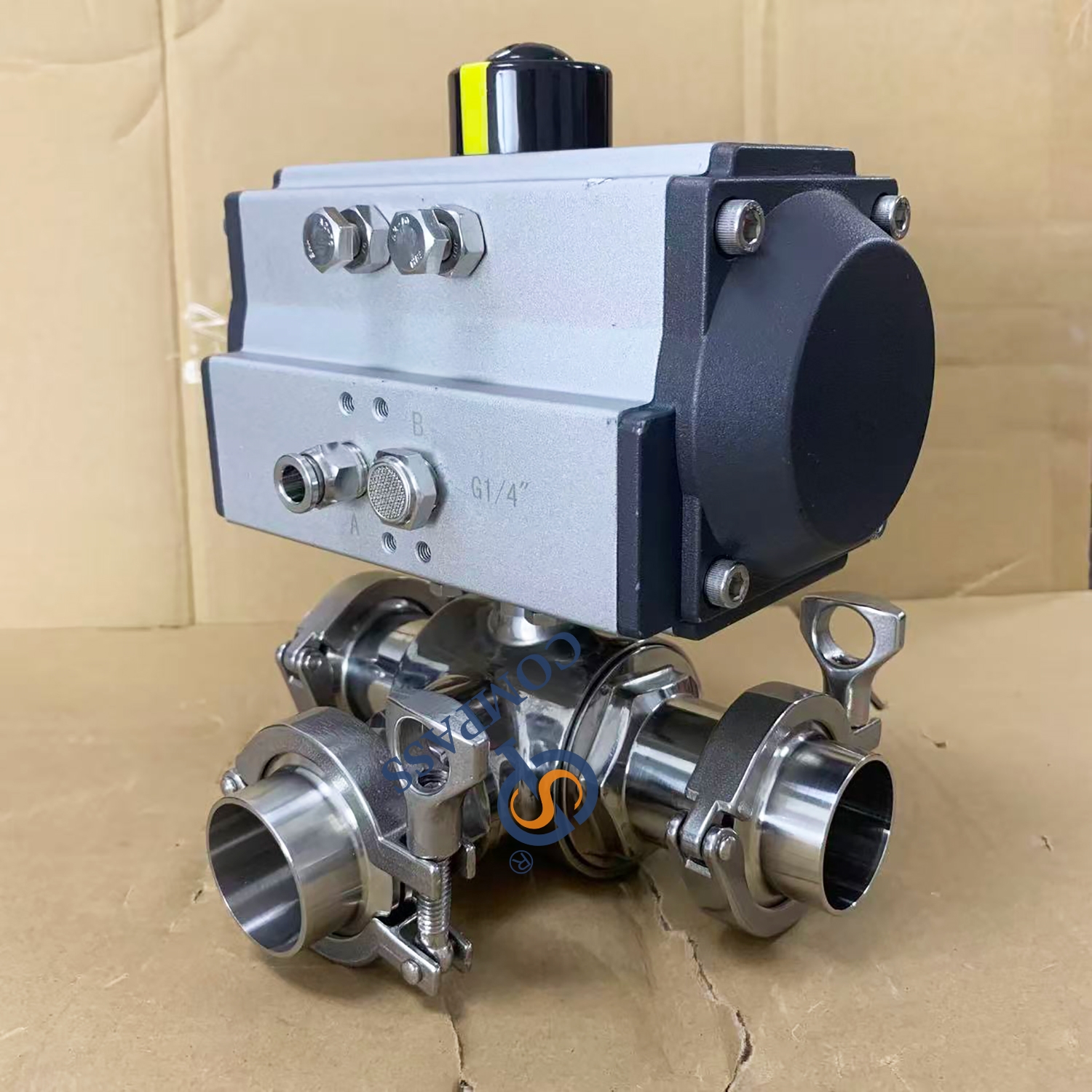 Válvula de esfera pneumática de 3 vias de dupla ação de 2 polegadas SS316L com extremidade ajustada de virola de braçadeira