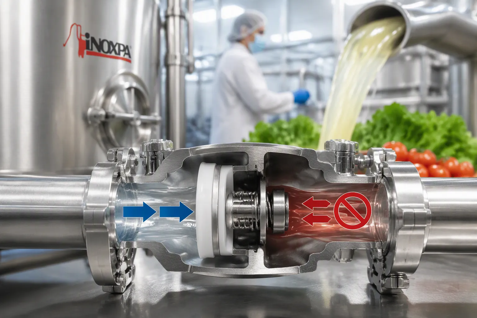 Como uma válvula de retenção sanitária evita o refluxo no processamento de alimentos e bebidas?