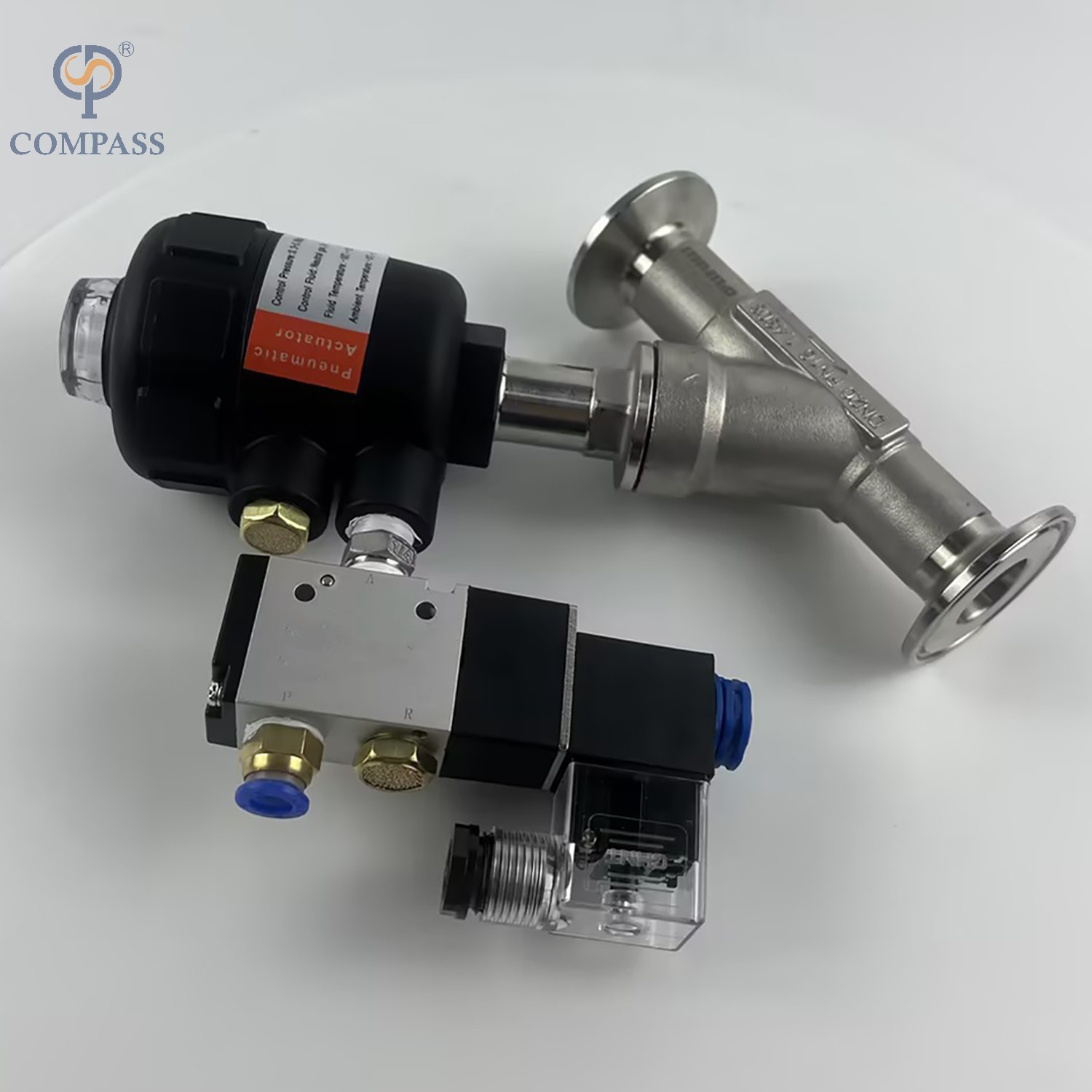 VÁLVULA DE ASSENTO DE ÂNGULO DE CABEÇA DE PLÁSTICO PNEUMÁTICO TRI-CLAMP COM VÁLVULA SOLENÓIDE