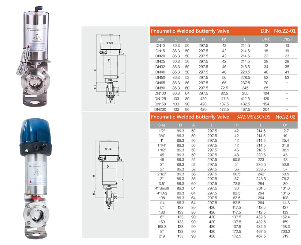 v&aacute;lvula de borboleta pneum&aacute;tica de solda sanit&aacute;ria com cabe&ccedil;a de controle