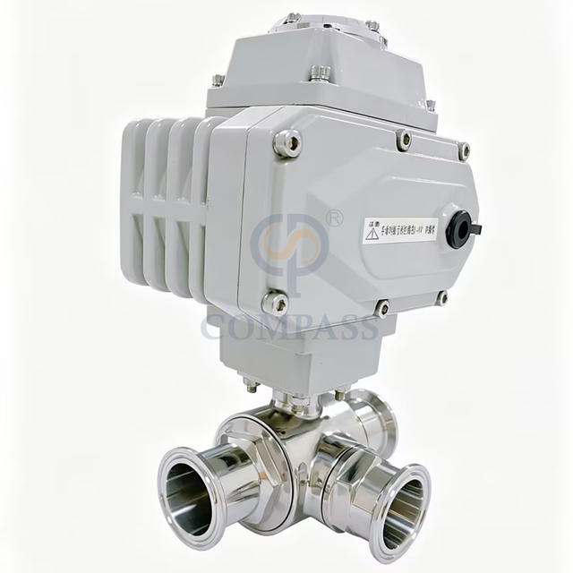 Válvula de esfera elétrica sanitária de aço inoxidável, mais vendida, ss304, 50.8mm, braçadeira, três vias, porta l, válvulas de esfera com cabeça elétrica 220